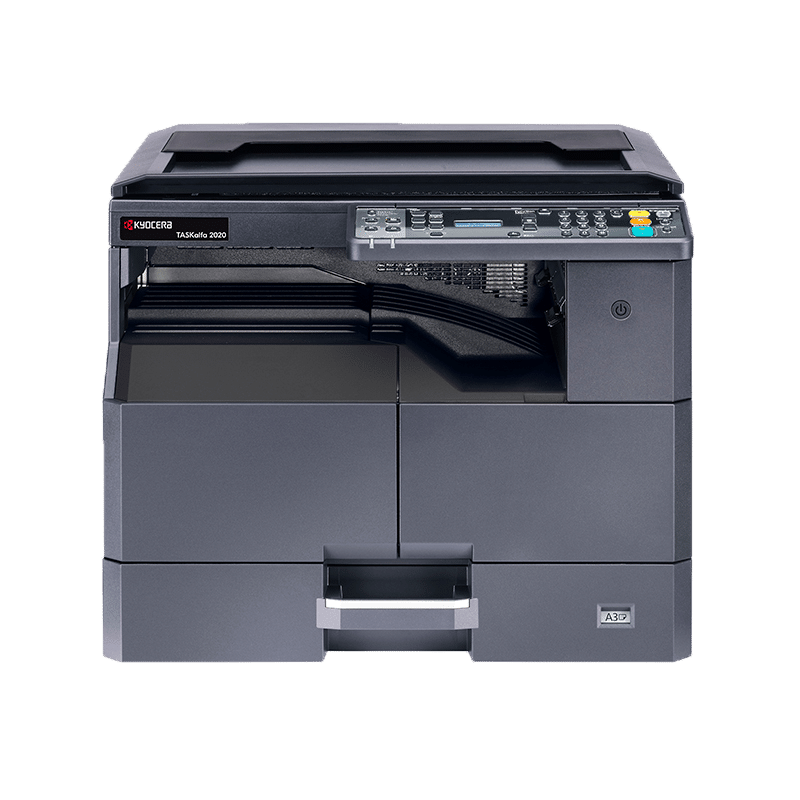 A sleek and modern Kyocera Taskalfa 2020 multifunction printer on a white background, showcasing its compact design and user-friendly interface.