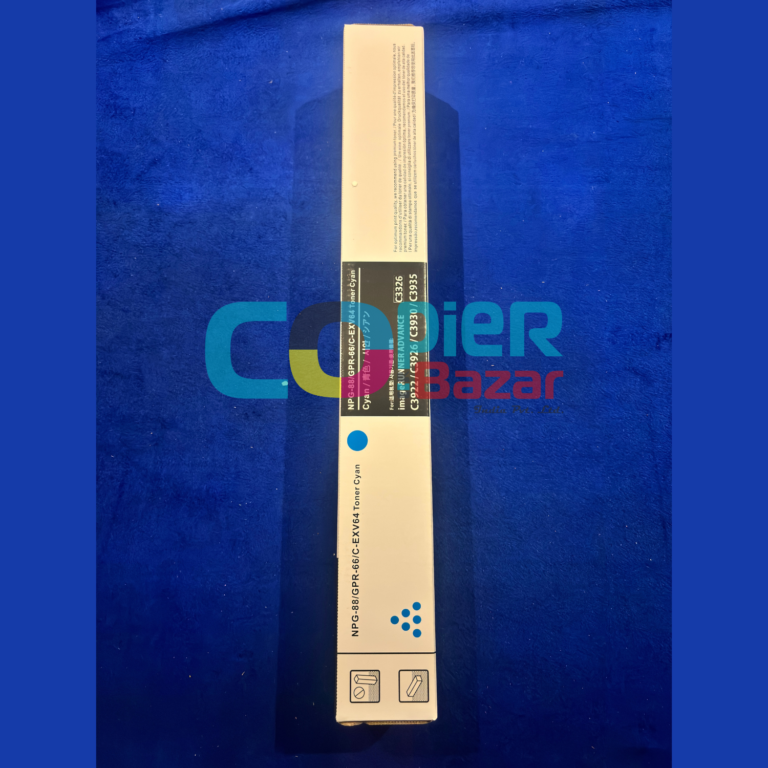 High-Yield NPG-88 Cyan Compatible Toner Cartridge for Canon imageRUNNER C3326 2 NPG-88 Cyan Toner Cartridge displayed in its secure packaging, highlighting the protective features for safe transport and storage.