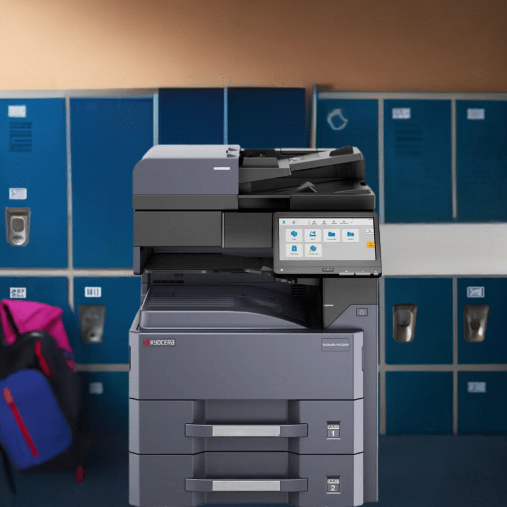Side view of the Kyocera Taskalfa MZ3200i monochrome photocopier, showcasing its compact and efficient design.