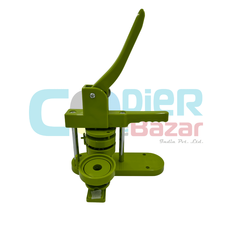 Green 44mm button maker machine showing rotary mold system, long handle lever, and 1.75 inch circular dies for badge production