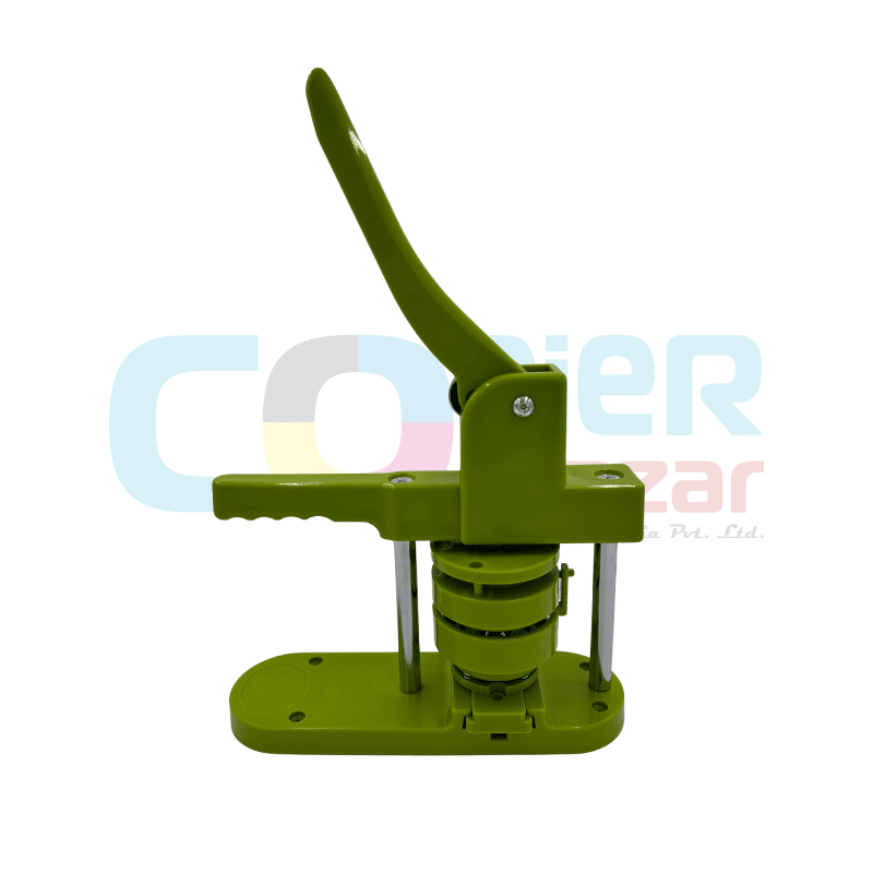 Professional green 44mm badge making machine with ergonomic handle and rotary die system for creating 1.75 inch custom buttons