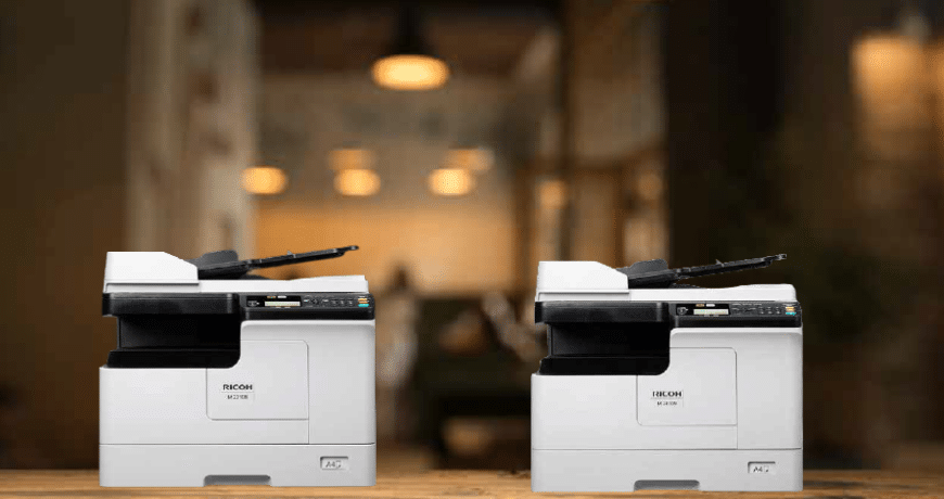 Ricoh M 2310N vs M 2810N A3 multifunction printers side by side in modern office environment